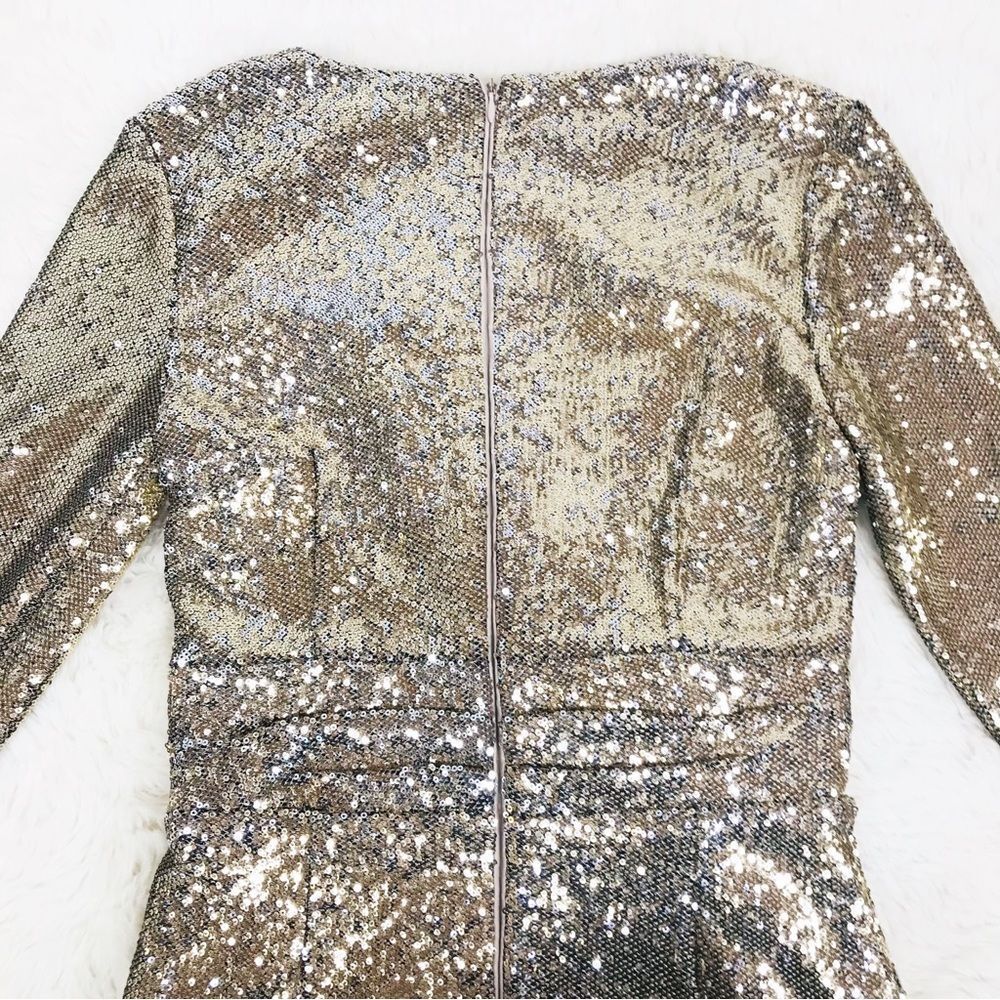 CALVIN KLEIN Gold Sequin Cocktail Dress Party Knee Length Faux Wrap Size 2 New - Picture 8 of 12